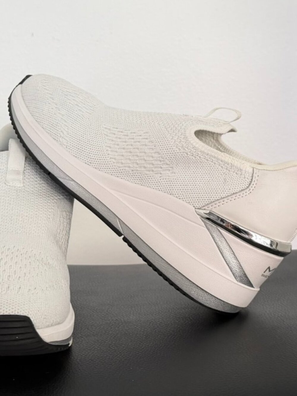 Skechers Mark Nason Hands Free Slip-On Wedge Sneakers – White Knit, Silver Trim